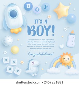 Baby shower square invitation, greeting card or web banner with cartoon rocket, toys, rainbow and helium balloons on blue background. It's a boy