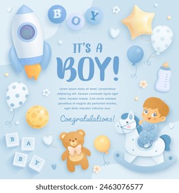 Baby shower square invitation, greeting card or web banner with cartoon rocket, toys and helium balloons on blue background. It's a boy