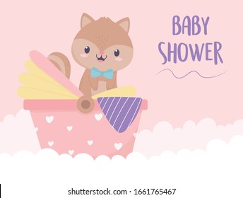 baby shower squirrel in baby carriage card cartoon decoration vector illustration