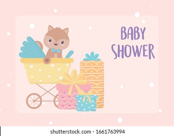 Baby Shower Squirrel In Pram With Gift Boxes Card Cartoon Decoration Vector Illustration