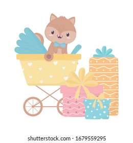 Baby Shower Squirrel In Pram With Gift Boxes Cartoon Decoration Vector Illustration