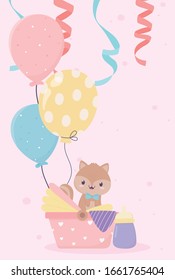 baby shower squirrel in pram with milk bottle balloons card cartoon decoration vector illustration