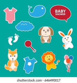 Baby shower sticker icon set. Cute animal and baby sticker pop up chic icon. Vector illustration.  
