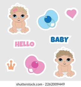  Baby shower sticker set, gender reveal, birthday party. Flat vector design.