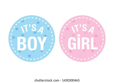 Baby shower stickers. Its a boy card. its a girl card. Vector baby shower postcard. 