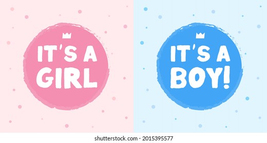 Baby shower stickers. Its a boy card. its a girl card. Vector baby shower postcard.