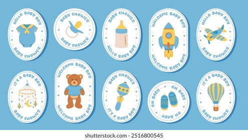 Baby shower stickers. It's a boy. Stickers with overalls, pacifier, feeding bottle, rocket, taddy bear toy, baby pendant, rattle, air baloon, shoes, airplane.