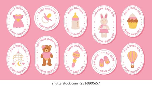 Baby shower stickers. It's a girl. Stickers with dress, pacifier, feeding bottle, baby bunny toy, taddy bear toy, baby pendant, rattle, air baloon, shoes, cupcake.