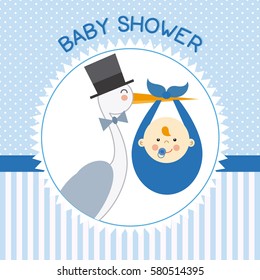 baby shower. Stork with baby boy