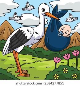 Baby Shower Stork Carrying a Baby Colored Cartoon 