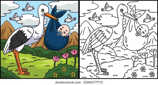Baby Shower Stork Carrying a Baby Illustration