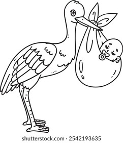 Baby Shower Stork Carrying Baby Isolated Coloring