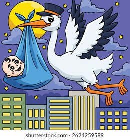 Baby Shower Stork with a Baby Colored Cartoon 