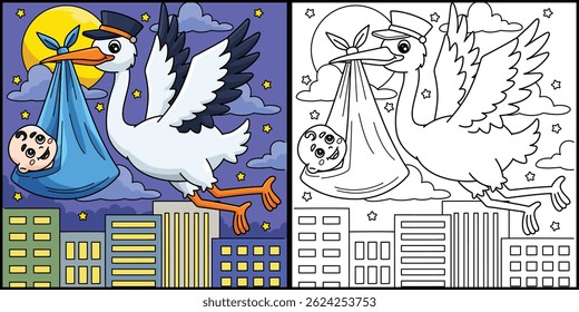 Baby Shower Stork with Baby Coloring Illustration 