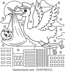 Baby Shower Stork with Baby Coloring Page for Kids