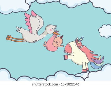 baby shower stork with little girl cute unicorn sky vector illustration