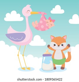 baby shower, stork with little girl and fox cartoon, celebration welcome newborn vector illustration