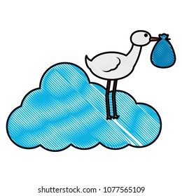 baby shower stork standing in cloud with bag in beak