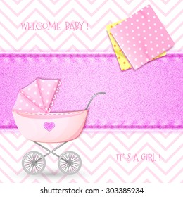 Baby Shower with stroller and swaddling clothes on background denim texture