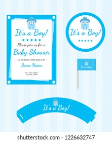 Baby Shower Supplies, Baby Shower Set, Shower Boy, Owl Shower Party Set, Cute Owl Illustration, Editable Invitation Template, Banner, Cup Cake Toppers