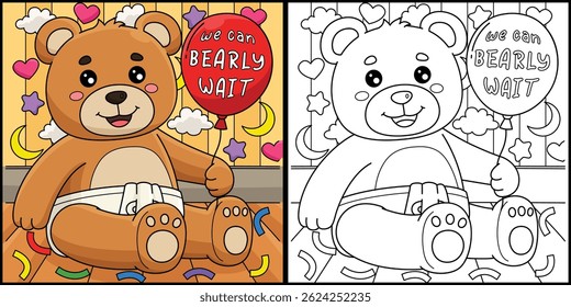 Baby Shower Teddy Bear Coloring Page Illustration 