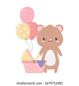 baby shower teddy bear pram balloons card cartoon decoration vector illustration