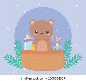 baby shower, teddy bear rattle pacifier in basket cartoon, celebration welcome newborn vector illustration