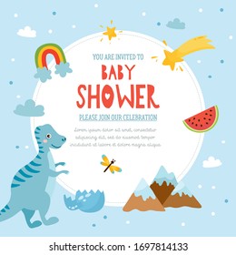 Baby Shower tempate design. Cute childish frame with dinosaur, rainbow, watermelon, volcano. Frame with prehistoric elements. Childish frame template.