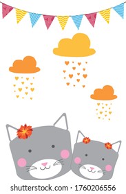 Baby shower template card. Boy, girl baby. Mom baby cat. Cloud and hearts. Flag. Celebration, greeting and invitation card. Vector drawing. Cute child drawing. Baby birth and concept card.