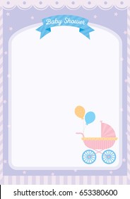 Baby shower template card decorated with baby carriage on pastel purple color background.Blank space for your message.