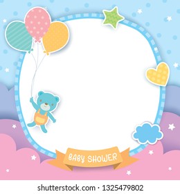 Baby Shower Template Design With Bear And Balloons For Frame On Blue Sky Background.