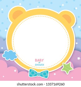 Baby shower template design with bear frame on blue sky background.