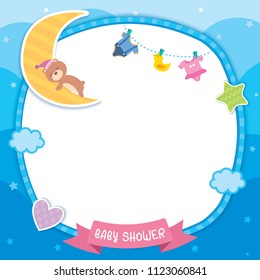 Baby shower template design with sleeping bear on moon decorated with cloud, heart, star,dress and toy for frame on blue sky background.