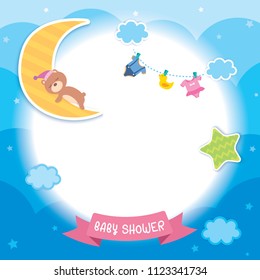 Baby shower template design with sleeping bear on moon decorated with cloud, heart, star,dress and toy for frame on blue sky background.
