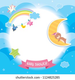 Baby shower template design with sleeping bear on moon decorated with unicorn, rainbow cloud, heart, star,dress and toy for frame on blue sky background.