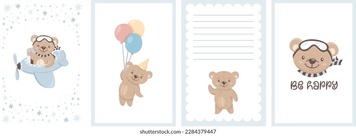 Baby shower template set. Template for children's birthday invitations. Cute pilot mepedbear flying a plane, on balloons 