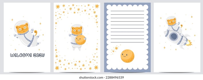 Baby shower template set. Cute cat astronaut, flying on a rocket, waving and holding the moon in his hands. Birthday invitation template 