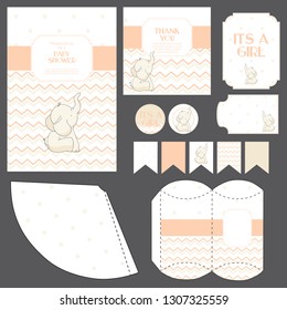 Baby shower templates set cute baby elephant, invitation, thank you card, banners, stickers, gift box decorations classic design in tender colors "it's a girl"