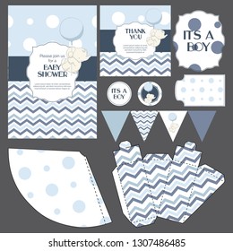 Baby shower templates set cute elephant, invitation, thank you card, banners, stickers, gift box decorations classic design in tender colors "it's a boy"