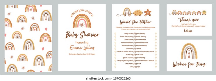Baby Shower Templates Set. Gender Neutral Invtation, Thank You Card, Baby Shower Game, Wishes For Baby