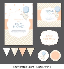 Baby shower templates set, invitation, thank you card, banners, stickers classic, universal design in tender pastel colors, good for boys, girls or twins.