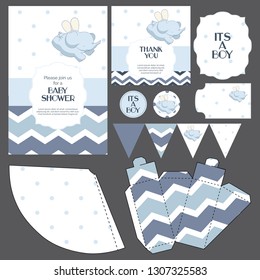 Baby shower templates set little elephant, invitation, thank you card, banners, stickers, gift box decorations classic design in tender colors "it's a boy"