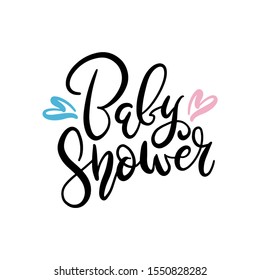 Baby shower text isolated on white background for party invitation, greeting card, banner. Handwritten holiday calligraphy. Vector lettering illustration with hearts.