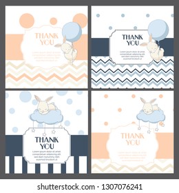 Baby shower thank you cards templates set classic design in tender pastel colors for girls, boys and twins