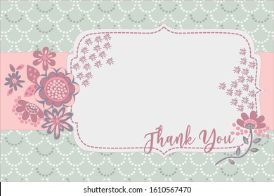 Baby Shower Thank You Layout Template With Spring Wild Flowers Color Grey And Pink, Arrival Date Announcement Floral Theme For Boy And Girl, Retro Background Pattern, Mommy To Be Greeting Card