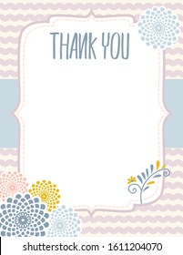 Baby Shower Thank You Layout Template in Lilac  Yellow  Blue  Pink Color Round Flowers  Floral theme Note for boy   girl  Scallop background pattern  mommy to be   parents blank card