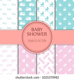 Baby shower toys seamless pattern background vector cute wallpaper scrapbook newborn textile paper illustration. Love kid boy and girl wrapping fabric childhood design.