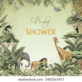 Baby Shower, Tropical plant with animal background design, watercolor tree,animal, birds.