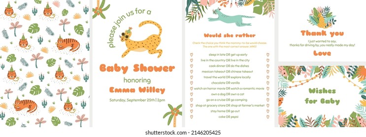 Baby Shower Tropical Templates Set. Jungle Baby Shower Card Collection. Tropical Baby Shower Game. Baby Jungle Birthday Invitatation. Vector Illustration. Kids Birthday Party Banner, Poster.