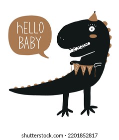 Baby Shower Vector Card with  Black Dinosaur on a White Background. Big Funny Dino Holding Galrland with Handwritten "Boy". Hello Baby. Cute Nursery Illustration for Baby Boy Party. Baby Shower Print.
